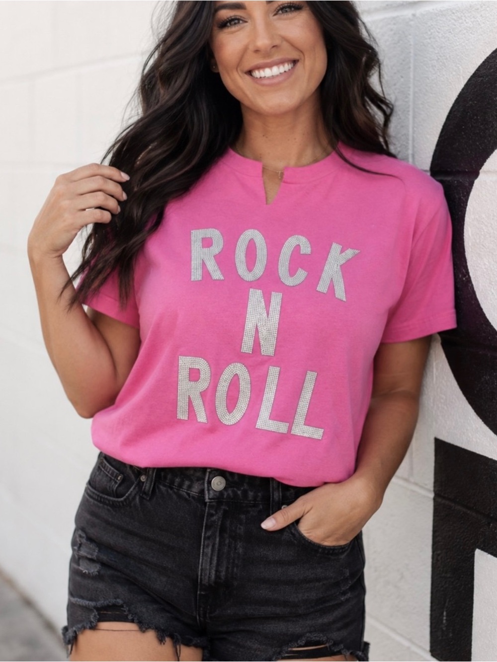 . Distressed Vintage Couture Pink & Silver Embellished Rock N Roll Cut Neck Tee
